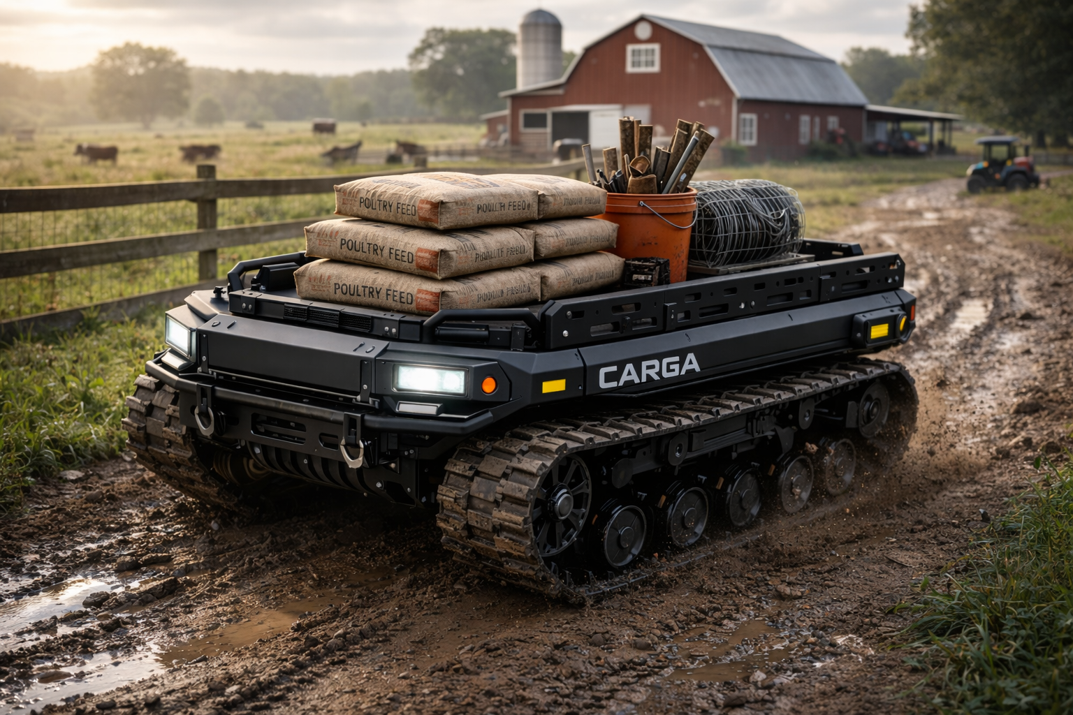 CARGA carrying feed and supplies on a muddy farm road