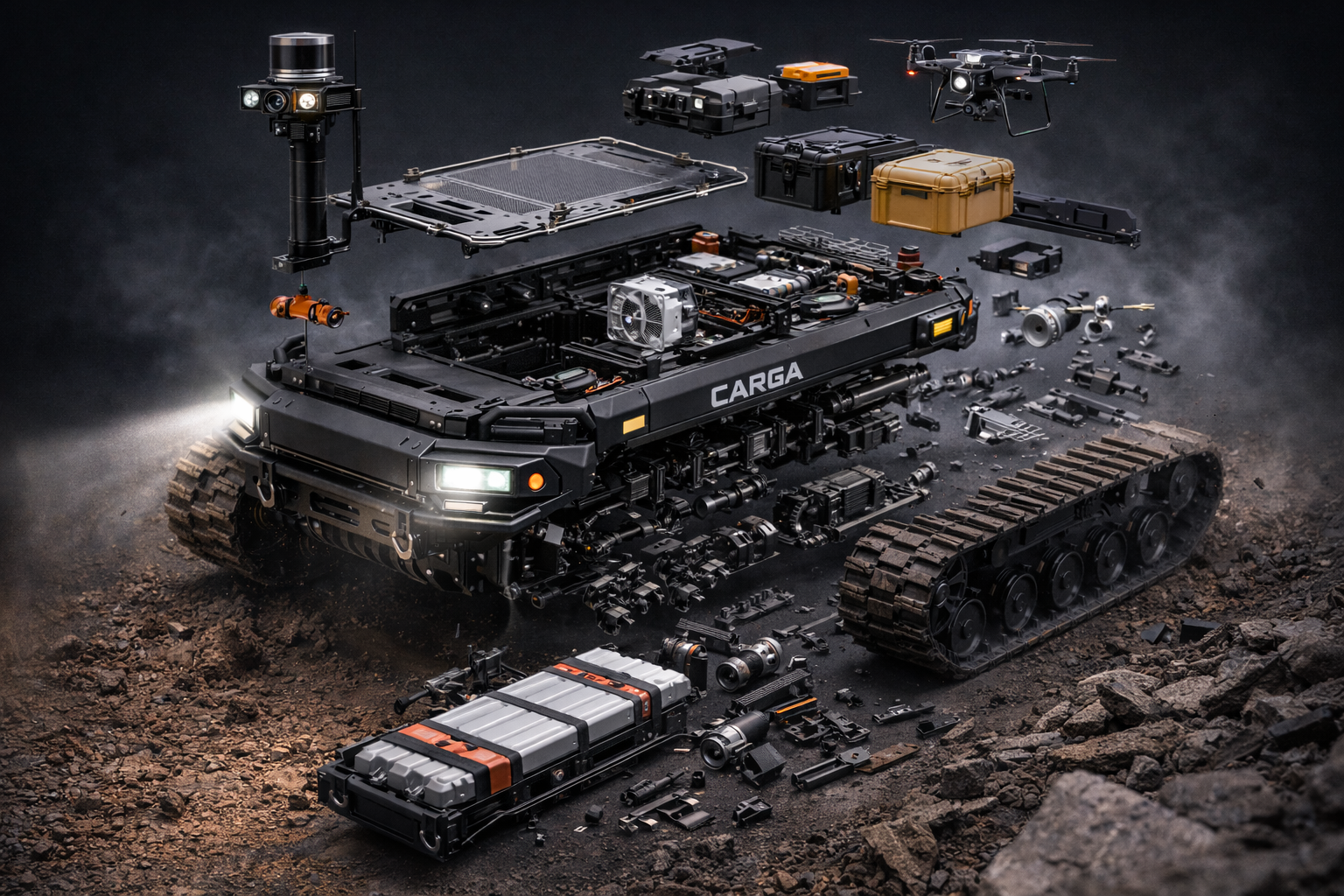 Exploded engineering render of the CARGA platform
